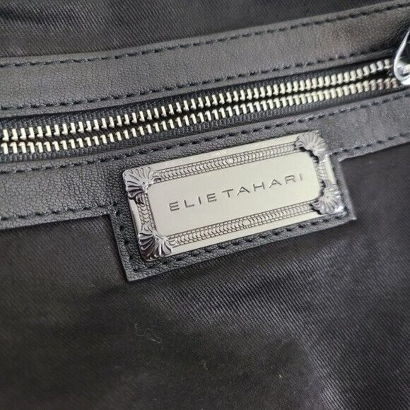 Elie Tahari Black Leather Shoulder Bag Braided Handle - Picture 3 of 11